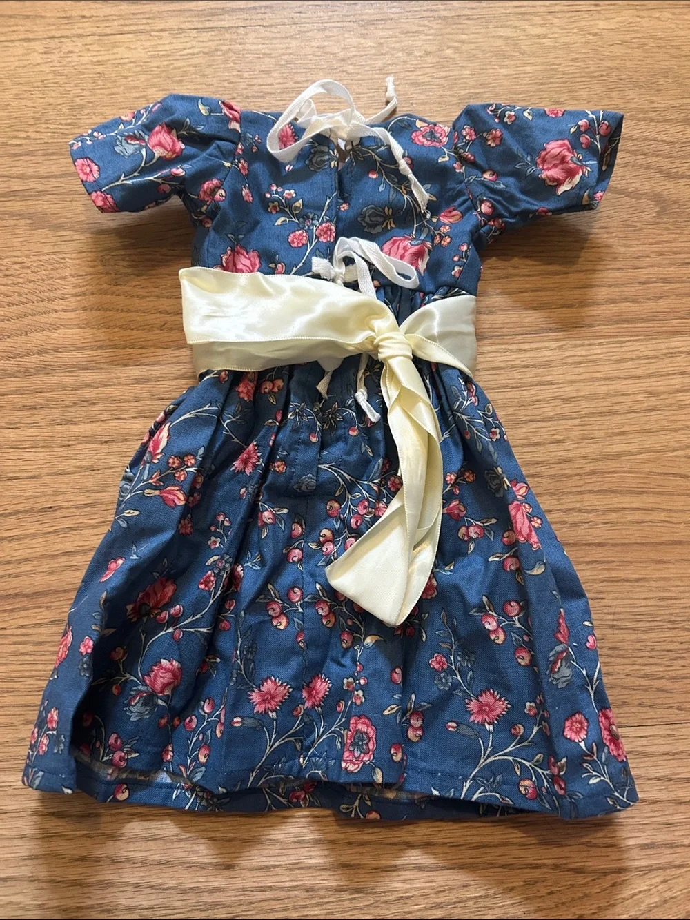 Blue Floral Doll Dress with Cream Sash